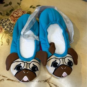 Pug Dog Blue Tan Brown Embroidered Slippers New NWT
